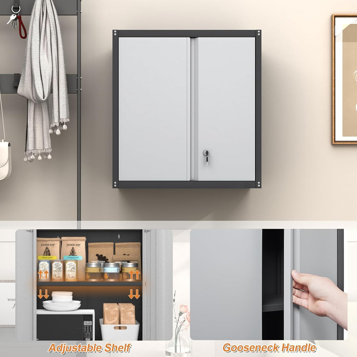 GREATMEET Metal Wall Cabinet, Wall Mounted Garage Cabinet, Locking Metal Storage Cabinet with Doors for Home Office, Garage, Utility Room