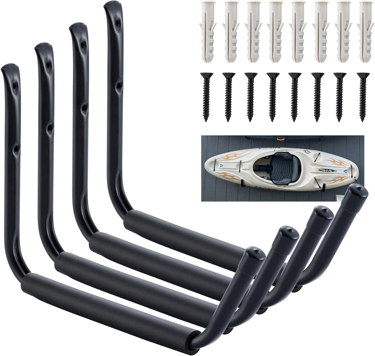 HOME MASTER HARDWARE Heavy Duty 15" Jumbo Garage Wall Hooks 4 Pack – 100 LB Kayak Storage Rack, Wall Mount for Canoe, Bicycle, Ladder & Large Gear