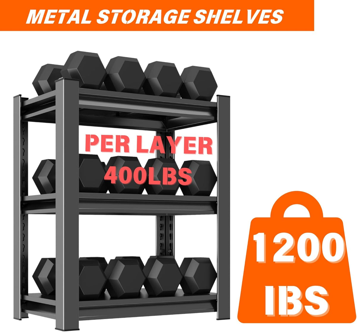 Garage Shelving Unit, 1200 lbs Load Capacity, Adjustable Garage Storage Shelves, Sturdy Steel Storage Shelf for Workshop, 3-Tier 32" H x 20" W x 14" D, Black