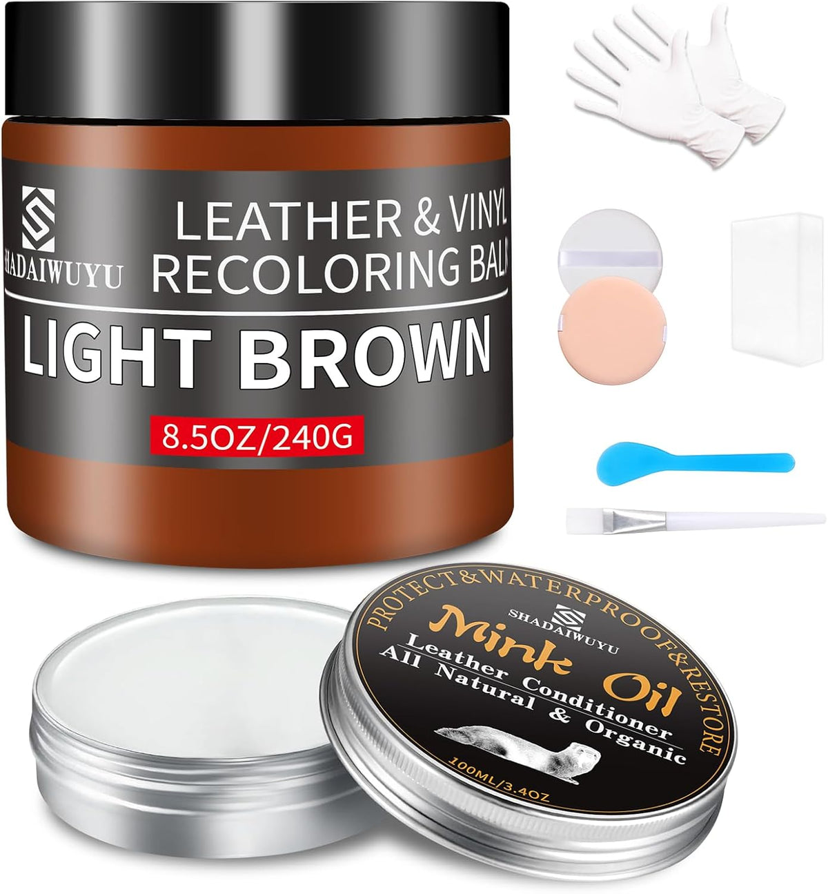 8.5oz Leather Recoloring Balm with 100ml Mink Oil,Light Brown Leather Repair kit for Furniture and Car Interior,Leather Couch Scratch Repair,Leather Dye Paint,Mink Oil for Leather