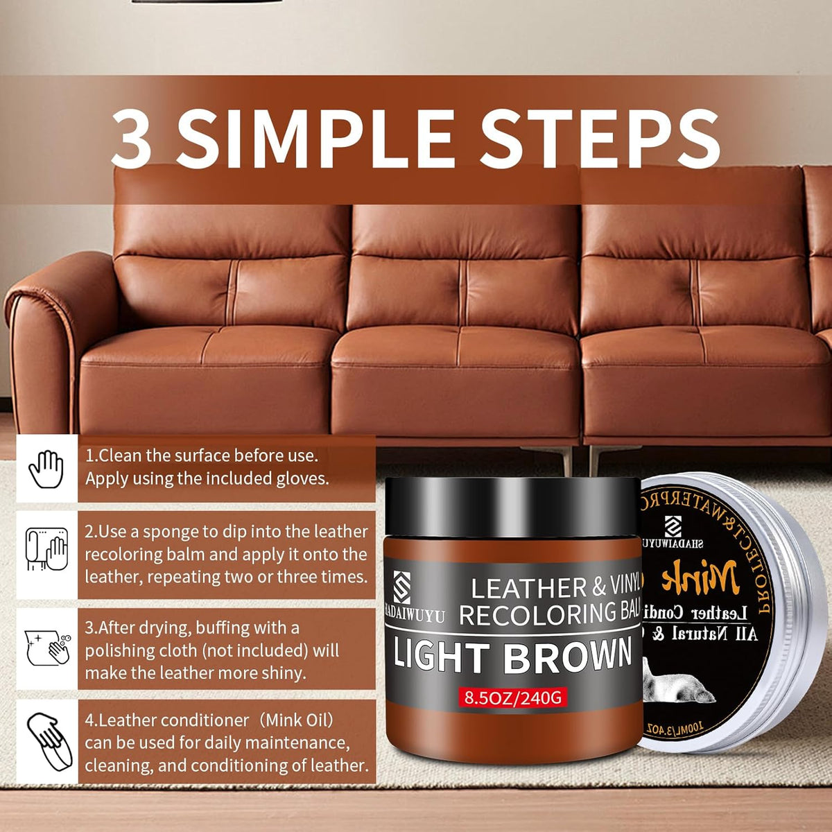 8.5oz Leather Recoloring Balm with 100ml Mink Oil,Light Brown Leather Repair kit for Furniture and Car Interior,Leather Couch Scratch Repair,Leather Dye Paint,Mink Oil for Leather