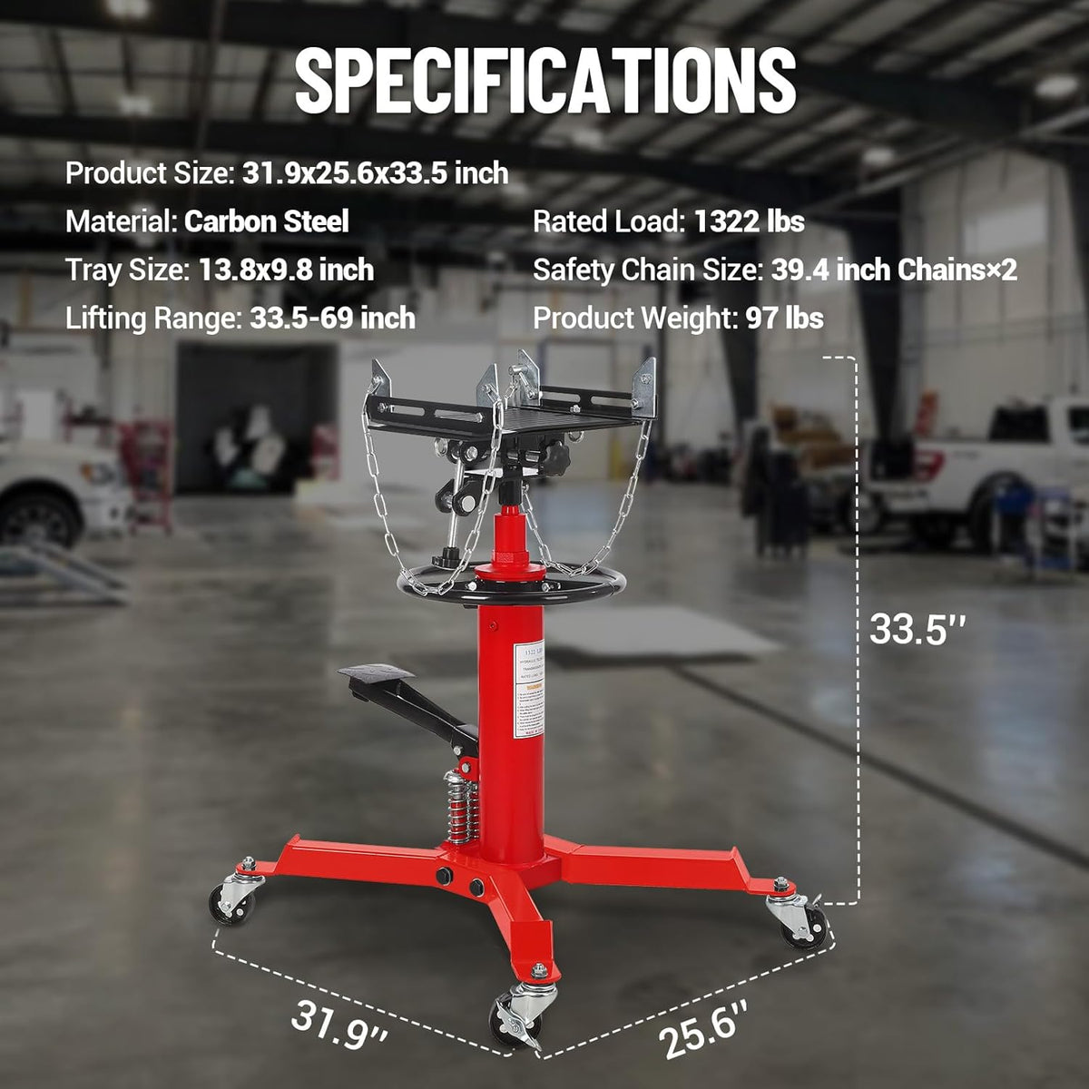Transmission Jack with 2 Stage Hydraulic Ram, 1322 LBS Hydraulic Telescoping Transmission Jack with Foot Pedal & 360° Swivel Wheels, Heavy-Duty Garage/Workshop Jacks for Car/Truck Repairs, Red