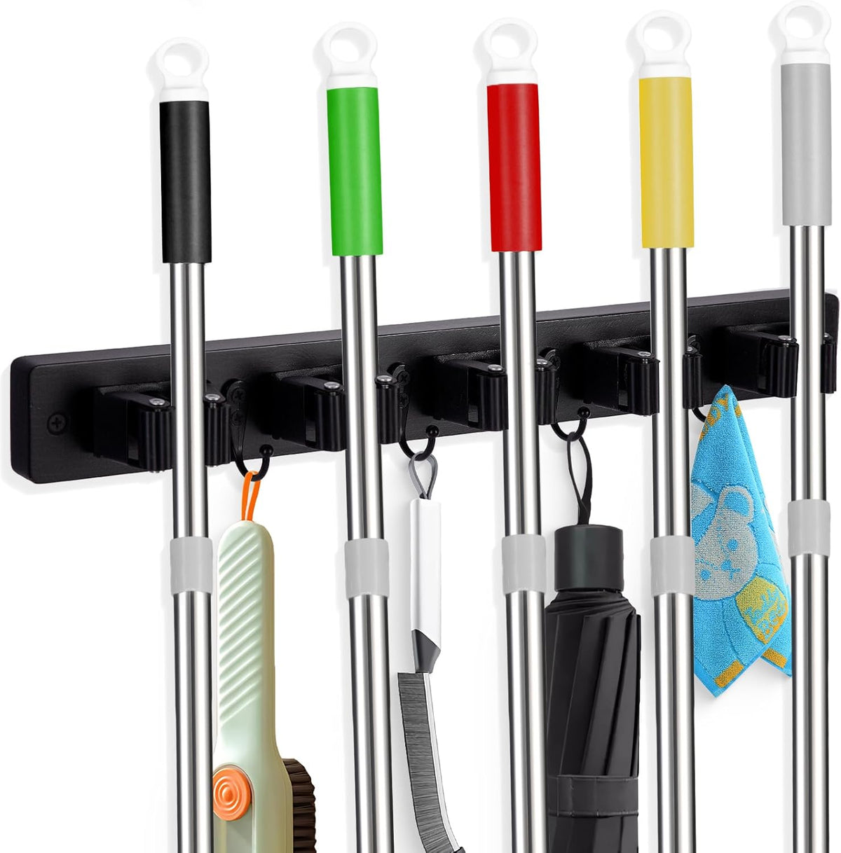 Broom Holder Wall Mount With 5 Slots & 4 Hooks，Rustic Wood Broom & Mop Hanger，Wall Mounted Garden & Garage Tool Storage Organizer Rack for Closet Laundry Room or Kitchen Wall Decor Black