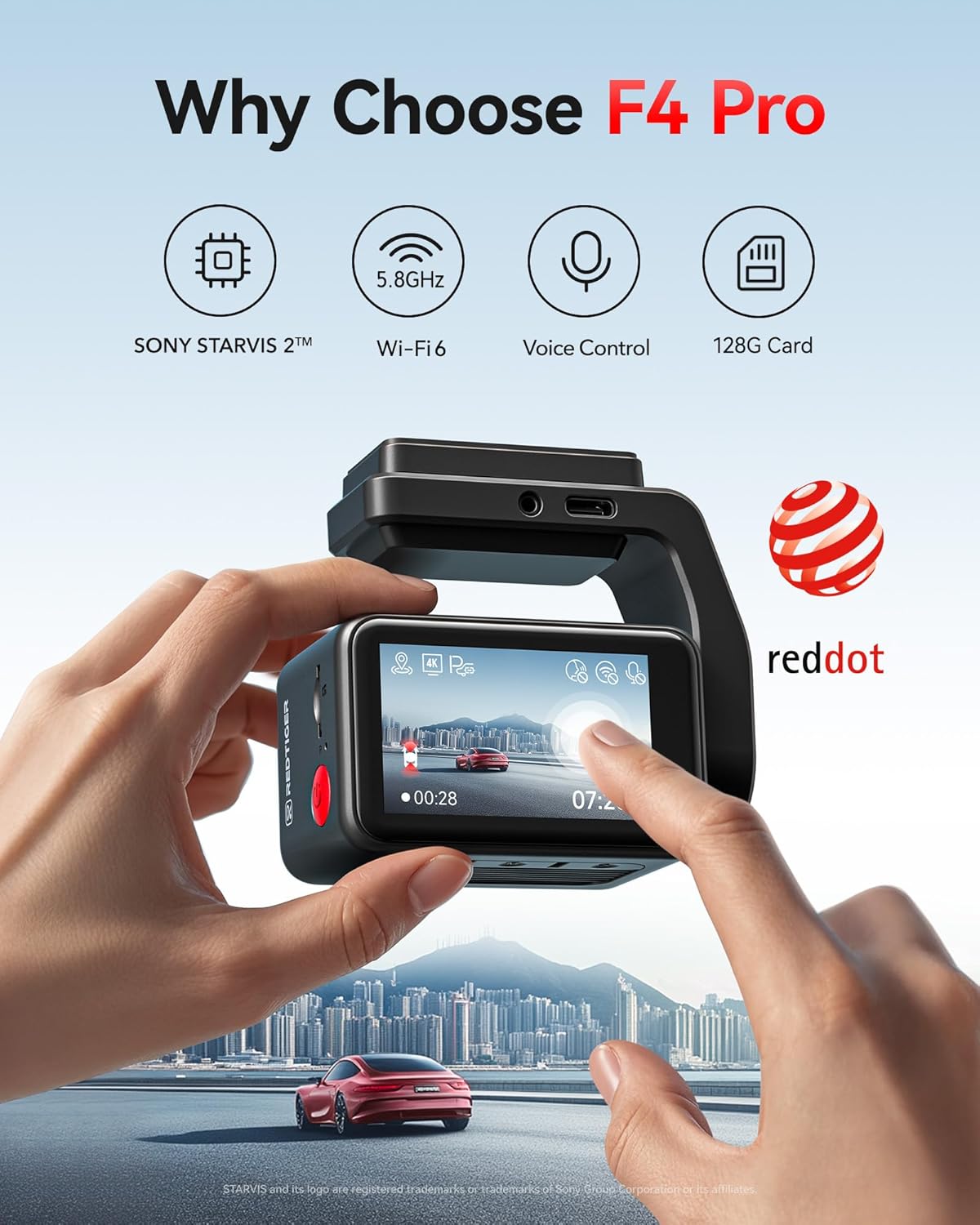 REDTIGER F4 Pro 4K Dash Cam Front and Rear, STARVIS 2 Sensor, 128GB Card Included, Built-in 5.8GHz WiFi6, 2.2inch Touch Screen Dash Camera for Cars, Voice Control, 24H Parking Mode