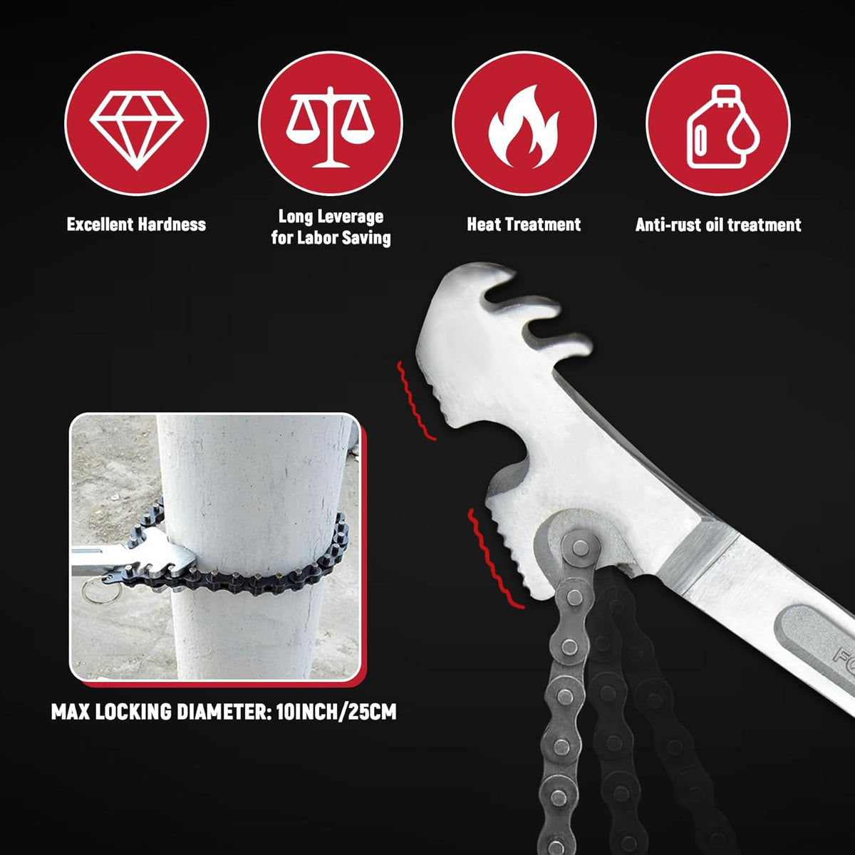 24 Inch Heavy Duty Carbon Steel Pipe Wrench, Fits Max 12 Inch Diameter, Adjustable Large Chain Oil Filter Wrench for Universal Use