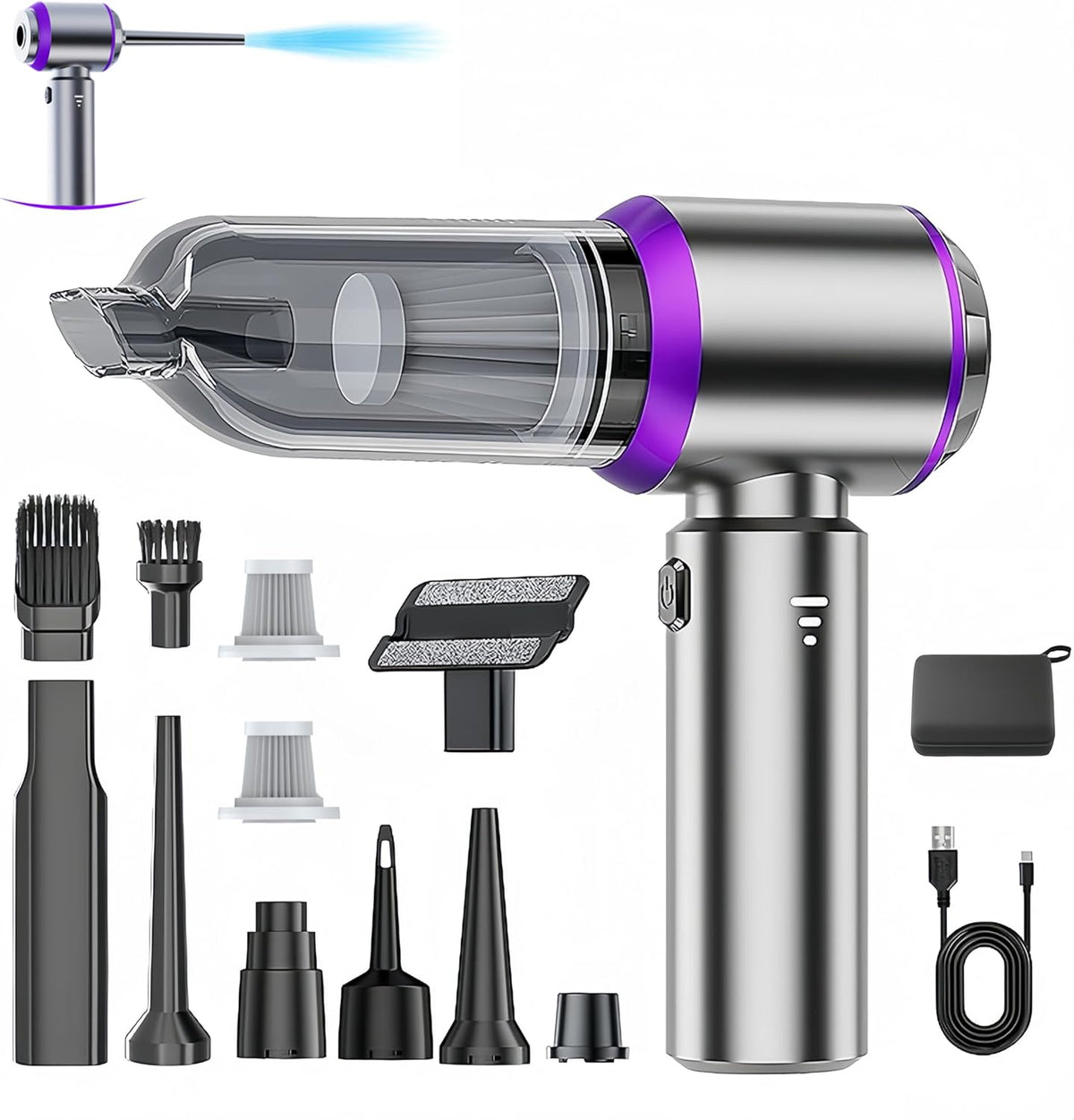 Handheld Car Vacuum Cleaner, 21000PA Rechargeable High Power Cordless Mini Vacuum Cleaner and Blower 4-in-1 with 3 Gear, Vacuum with Brushless Motor for Car, Home, Office, PC