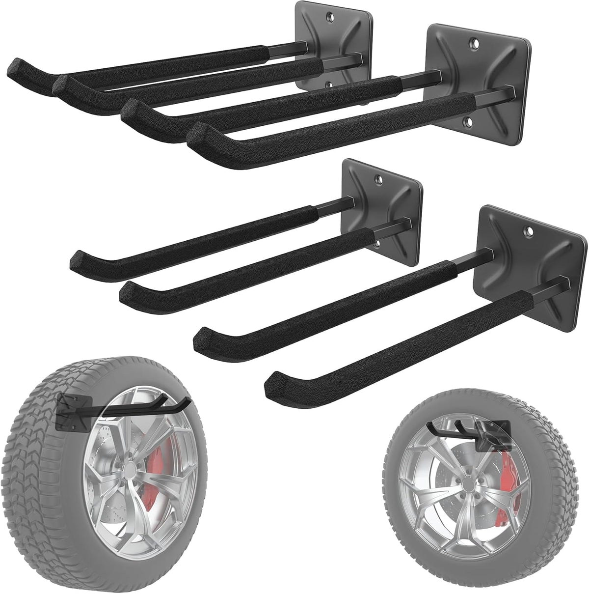 WALMANN Wall Mounted Garage Hooks, Heavy Duty 12-inch Tool Hooks for Hanging, Tool Hangers for Car Tires, Ladders, Folding Chairs, Strollers, Garden Tools (Pack of 4)