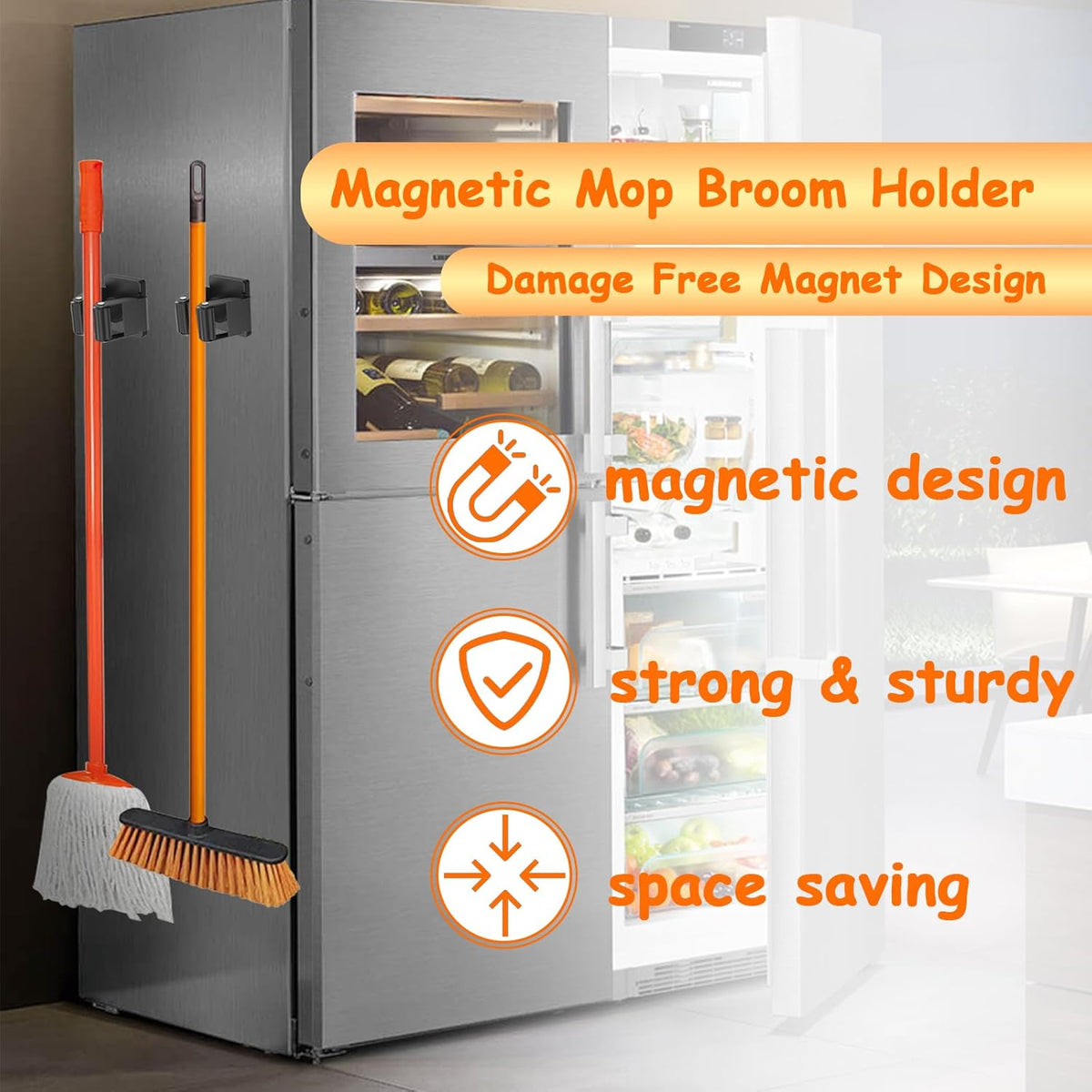 4 Pack Strong Magnetic Mop Broom Holder, Heavy Duty Magnetic Broom Mop Hanger for Cleaning Tools, Wall Mounted Mop Broom Holder for Laundry Garage Kitchen Workshops Shed