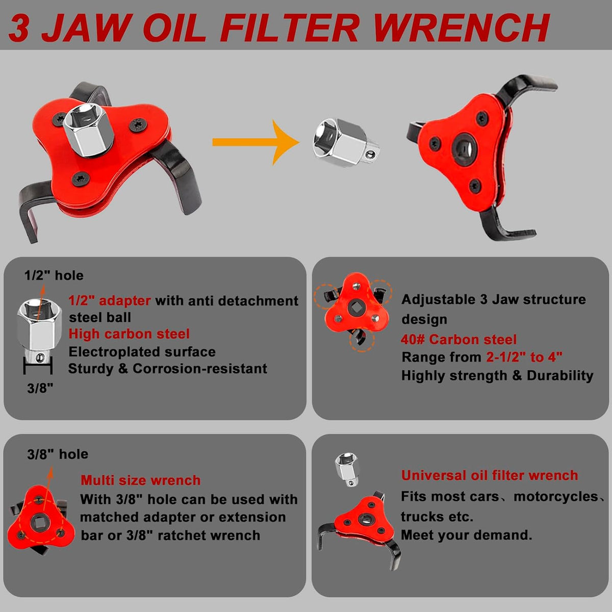 4Pcs Oil Filter Pliers Set, 3 Jaw Oil Filter Wrench With Oil Snap Funnel, 9" and 12" Oil Filter Pliers Adjustable From 1-3/4"-6"