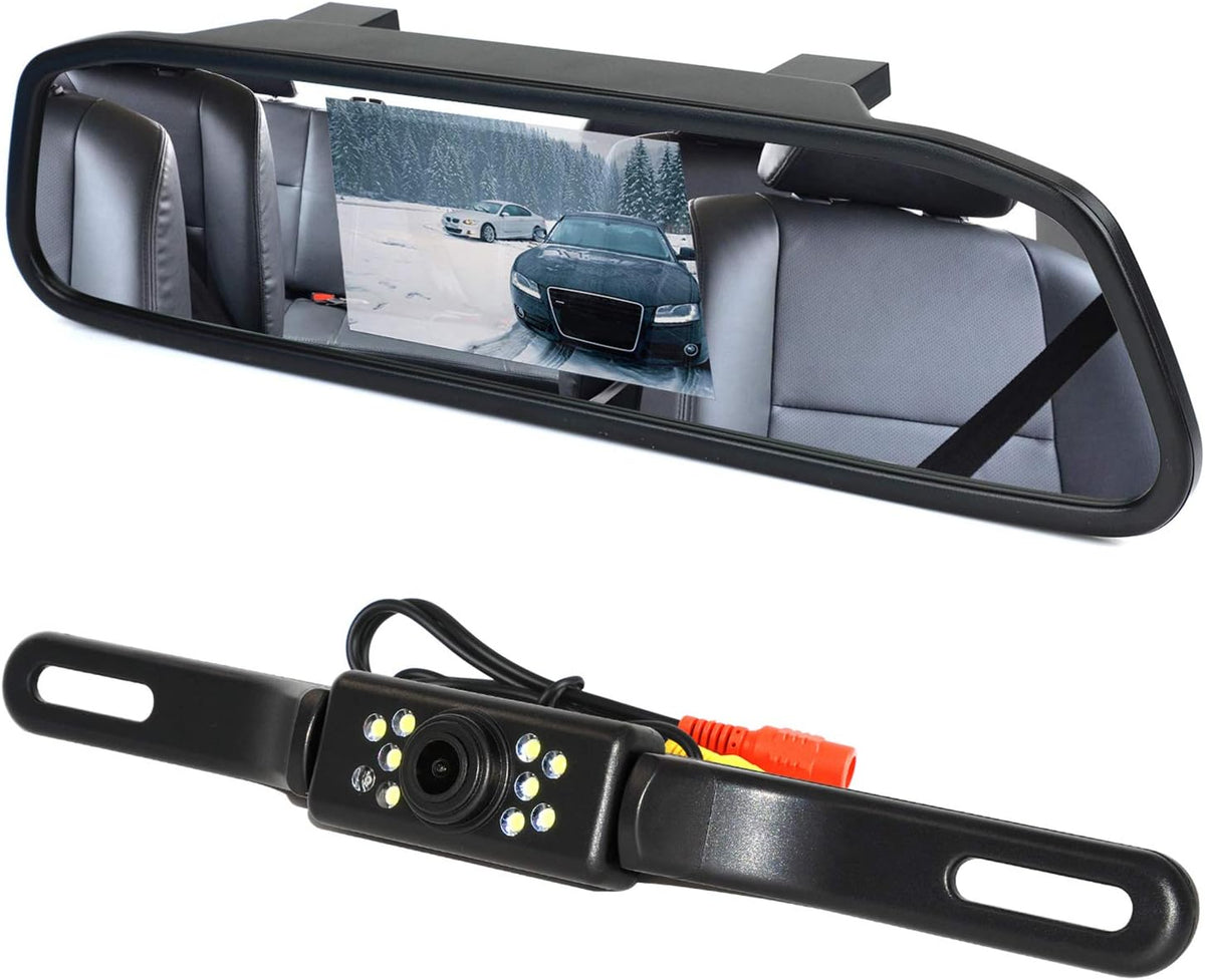 Backup Camera and Monitor Kit, 4.3" Car Vehicle Rearview Mirror Monitor for Car Reverse Camera Waterproof Car Rear View Camera with 9 LED Night Vision (4.3" Backup Camera)