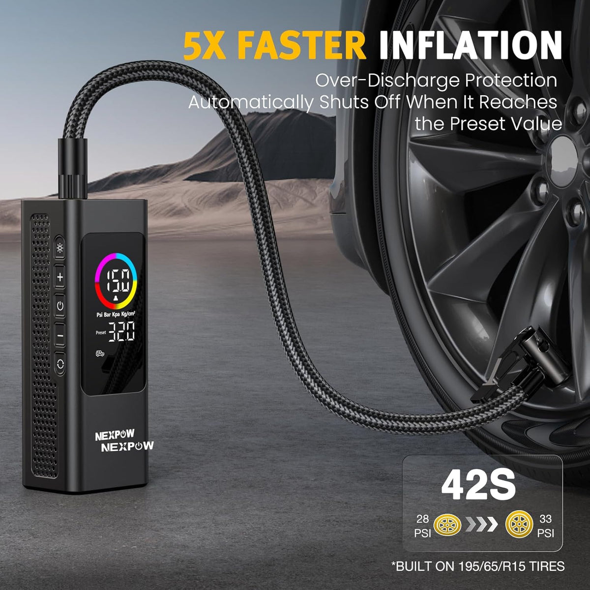 NEXPOW 150 PSI Tire Inflator Portable Air Compressor, 12000mAh Battery Auto Shut-Off Air Pump for Car Tires, Fast Inflation Dual LCD Display Tire Pump, Pocket Air Pump for Bike, Motorcycle, Ball, Car