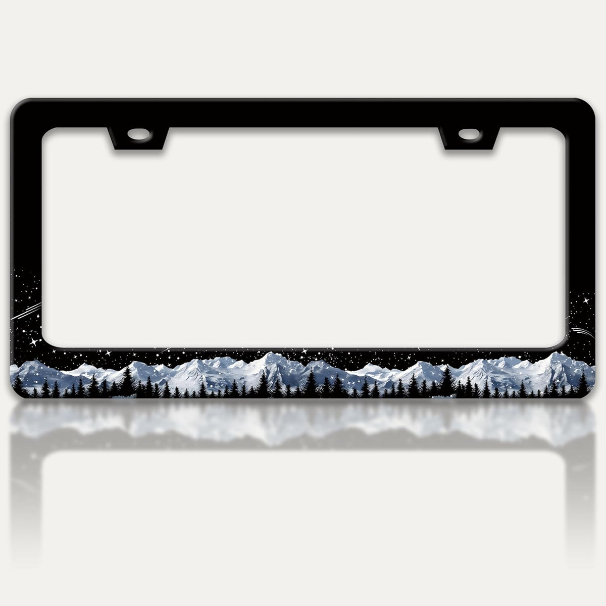 Snow Mountains License Plate Frame Starry Sky Mountain Forest License Plate Holders Funny Stainless Steel Auto Accessory Bracket 2 Hole with Screws for US Vehicles 6x12 Inch