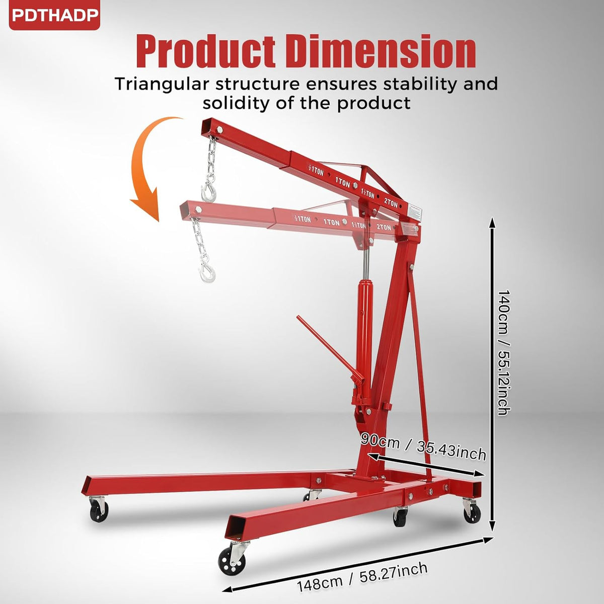 Engine Hoist 2 Ton Folding Engine Lift Folding Cherry 6.89Ft Picker Shop Crane Hoist Lift with 6 Wheels Engine Crane Folding Engine Hoist for Car Fixing Workshops Garages (Red)