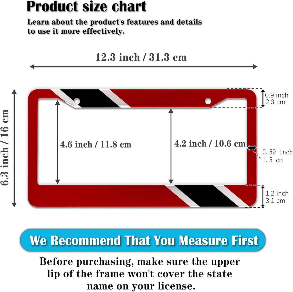Car Plate Frame Red, Black, White License Plate Frames Trinidad and Tobago Flag Aluminum Metal Car Accessory 2 Pack with Screw Covers Set