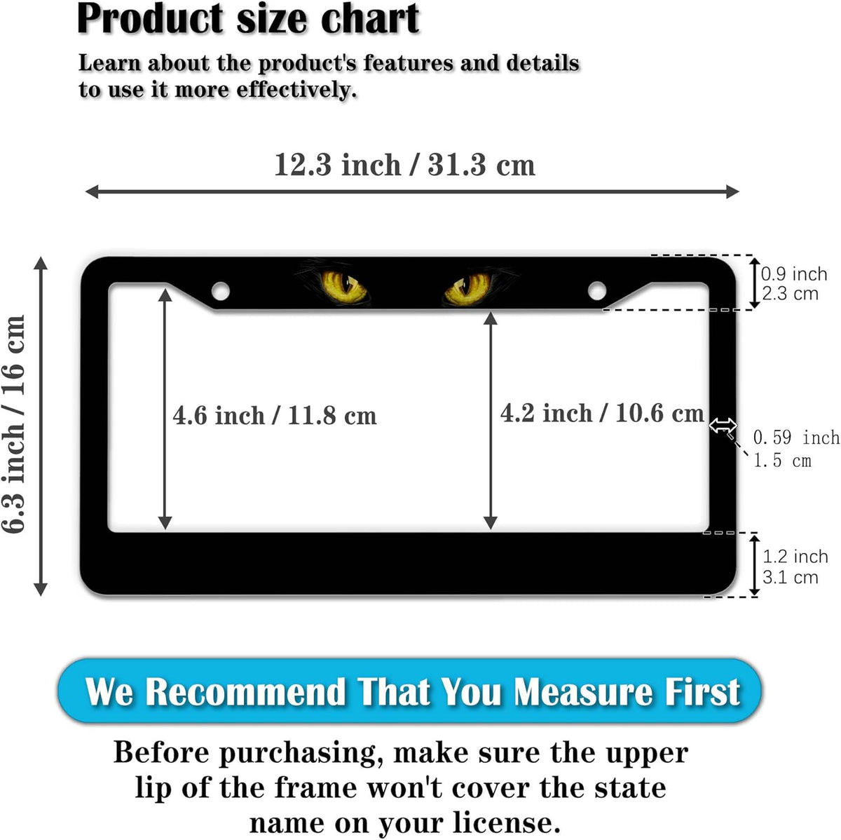 Car Plate Frame Black License Plate Frames Black Cat with Yellow Eyes Lover Universal Aluminum Car Accessory 2 Pack with Screw Covers Set
