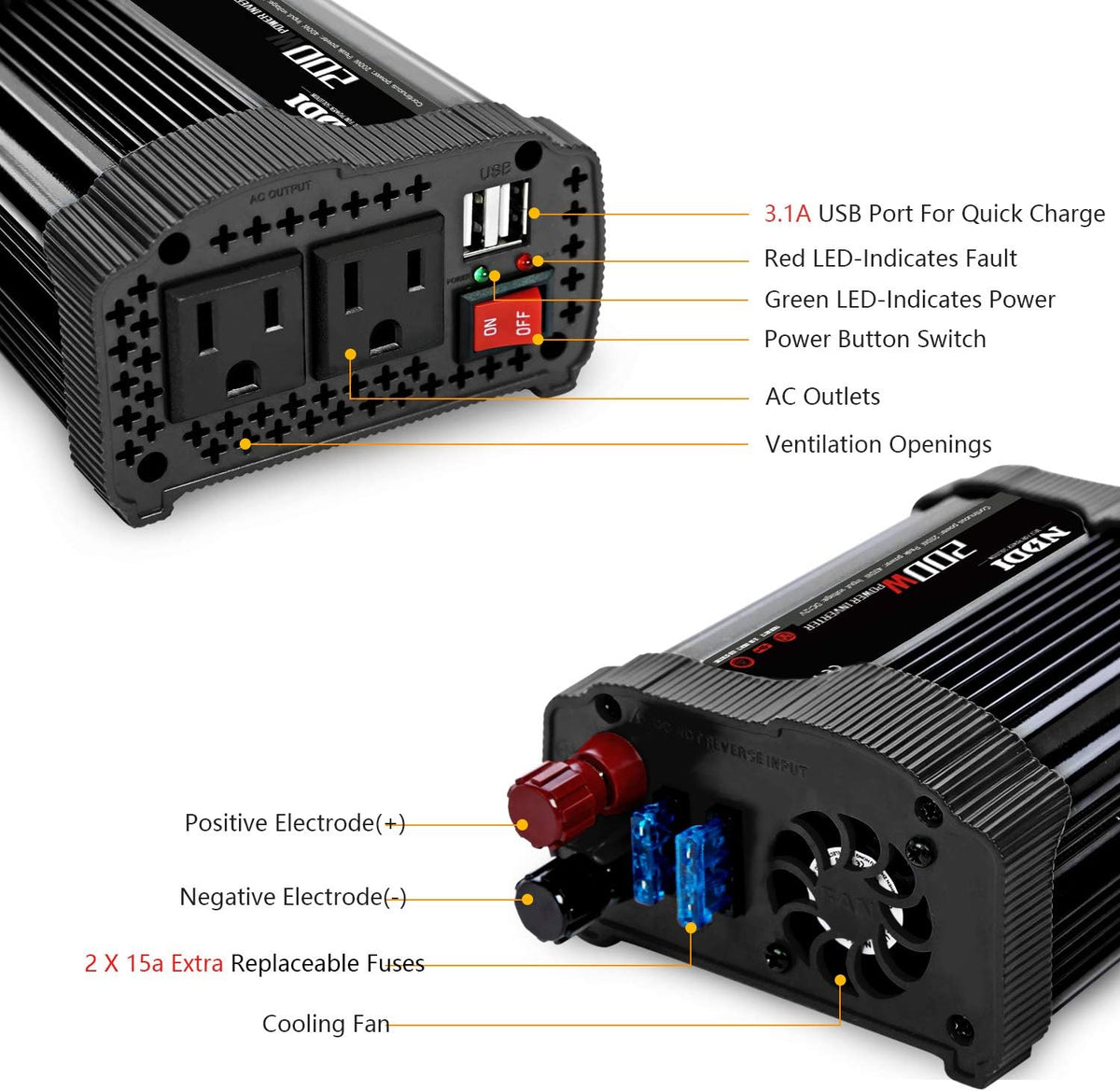 NDDI 200W Car Power Inverter 12V DC to 110V AC Converter with 3.1A Dual USB Quick Car Charger Adapter(Black)