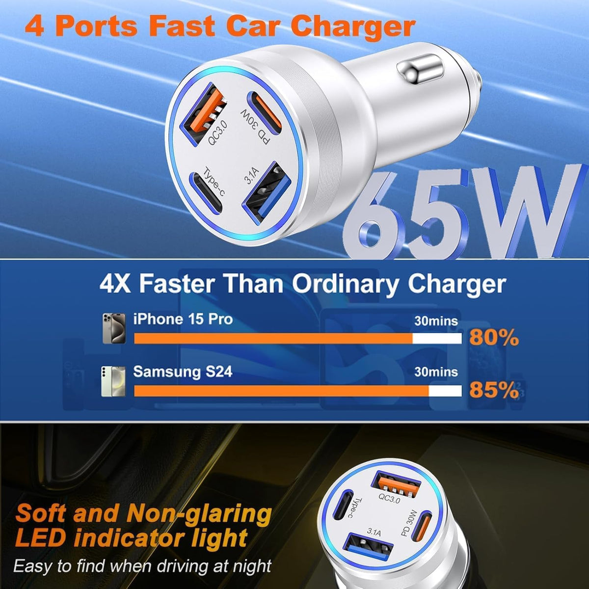 65W Car Phone Charger USB C, 5 Pack 4-Port Cigarette Lighter Adapter, 12V USB C Fast Car Charger Type C Car Adapter, Car Accessories for iPhone 16E 16 15 14 13 12 Pro Max,Galaxy,Pixel,iPad,Android