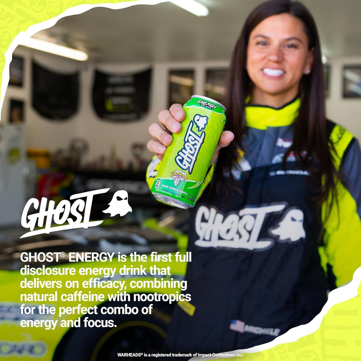 GHOST Energy Drink - 12-Pack, Warheads Sour Green Apple, 16oz - Energy & Focus & No Artificial Colors - 200mg of Natural Caffeine, L-Carnitine & Taurine - Gluten-Free & Vegan