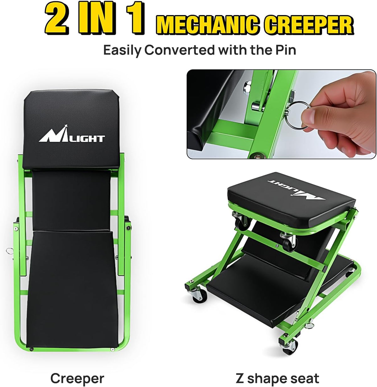 Nilight 36" Z Creeper - 2-in-1 Rolling Folding Car Seat, 36 inches Adjustable Roller Garage Chair Lay Down or Sit, 330LBS Capacity, Green Black