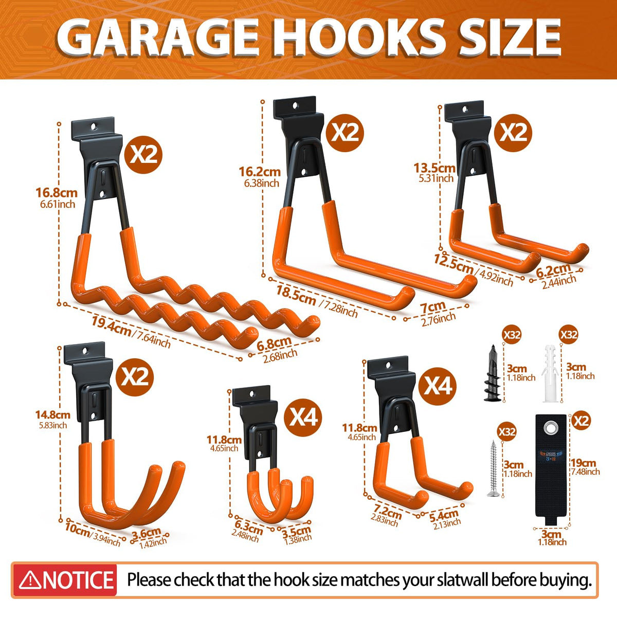 3-H Slatwall Accessories 18 Pack, Slatwall Hooks & Hangers Multi Sizes, Slat Wall Heavy Duty for Space Saving Used as Proslat Accessories with Slatwall Panel(Orange)
