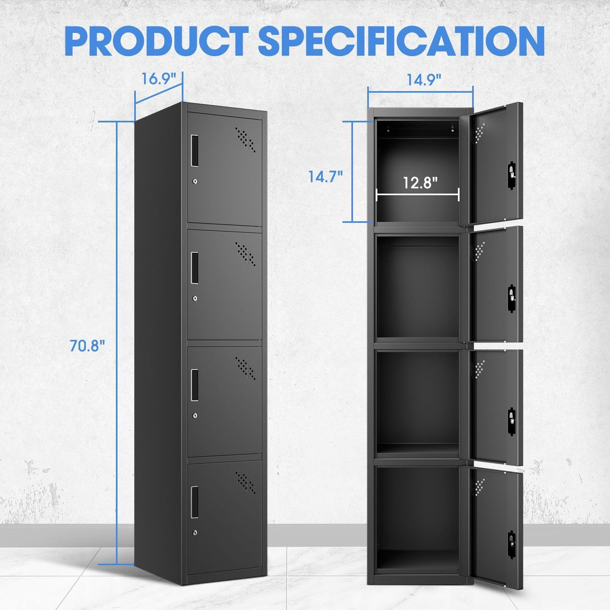 DNA MOTORING Metal Storage Cabinet for Employees with Keys, 71" Employees Metal Locker with 4 Doors, Tall Storage Lockers for Garage,Office,Home,Gym, Black, TOOLS-00790-BK-BK