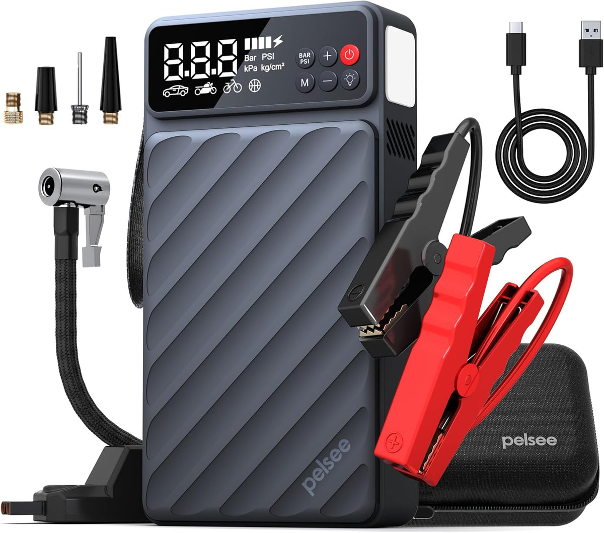 Pelsee 3500A Jump Starter with Air Compressor, 20000mAh&160PSI Portable Car Battery Jump Starter, 12V Battery Pack (10L Gas 8L Diesel Engine) with 18W Fast Charge, LED Light, Jumper Cables
