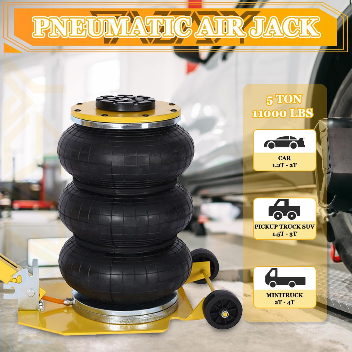 5T Triple Bag Air Jack 11000lbs Pneumatic Jack 3s Fast Lift Up 16in Airbag Jack with Adjustable Long Handle Heavy Duty Triple Air Bag Jack Lift for Cars Garage (Yellow)