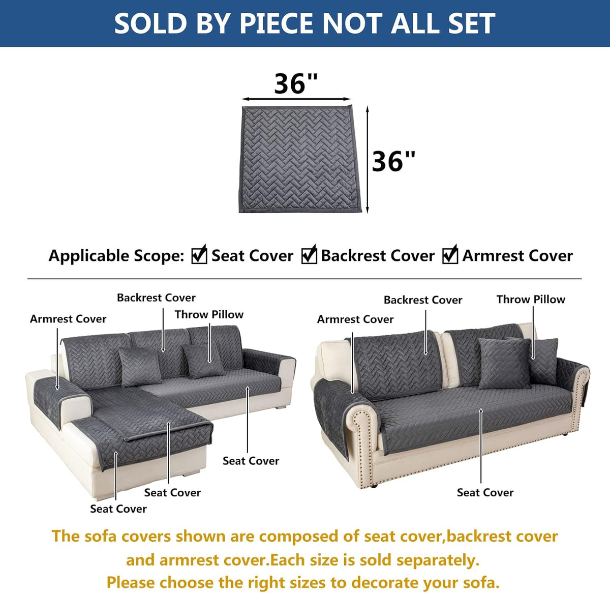 Eismodra Couch Cover,Sectional Couch Covers,Sofa Covers for 3 Cushion Couch,Anti-Slip Sofa Slipcovers for Dogs Cats Kids Loveseat Recliner L Shaped Armrest Backrest,Dark Gray 36''x36''(Only 1 Piece)