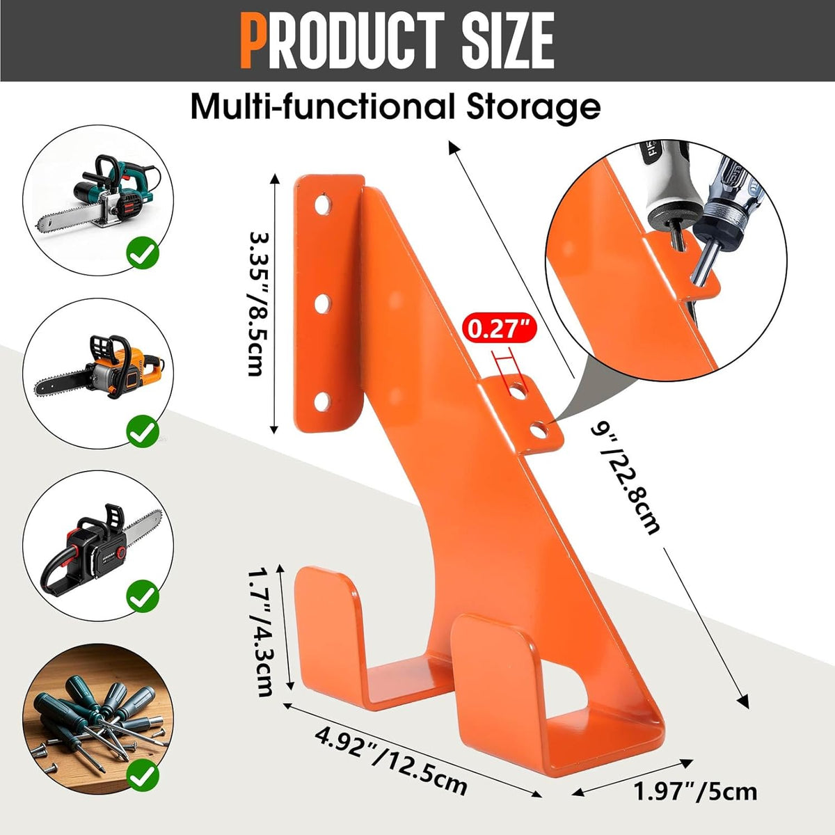 Chainsaw Hanger, Heavy Duty Chain Saw Stand 3-in-1 Wall Mount with Accessory Tool Hooks for Garage Shed Organizer Storage, Includes Mounting Hardware (1 Pack)