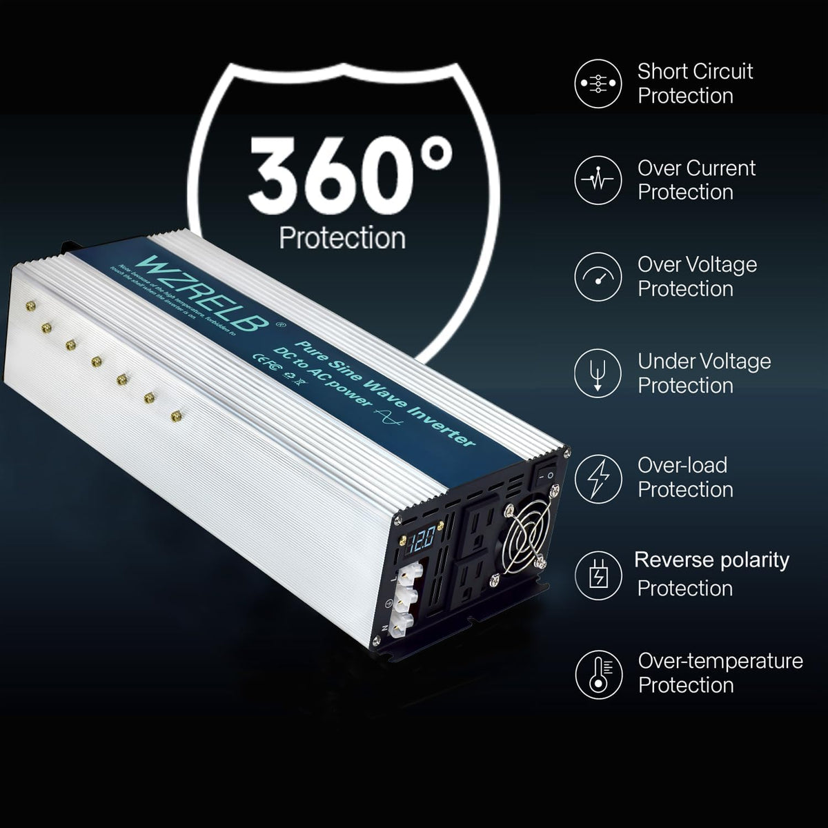 WZRELB 4000W Pure Sine Wave Inverter, Car Power Inverter 24V DC to 110V 120V AC Converter for RV, Truck, Solar, Outdoor with Dual AC Outlets, Hardwire Port, Surge 8000W, LED Display,Off-Grid