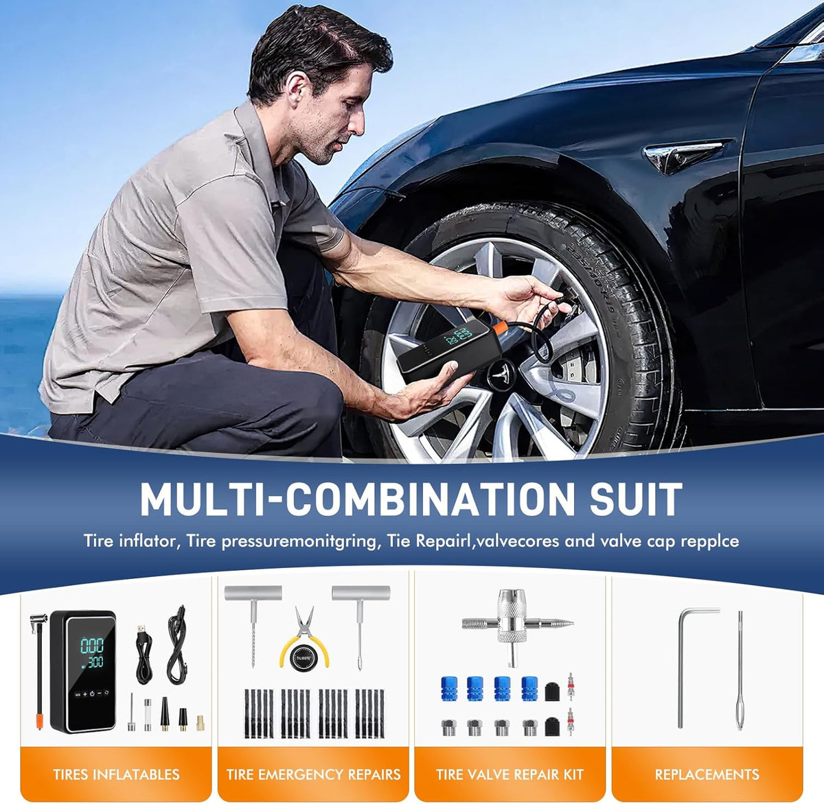 Tire Repair Kit,50PCS Tire Inflator Portable Air Compressor with 24000mwh Cordless Air Pump (150 PSI) for MPVs, Cars, E-Bikes and Motorcycles