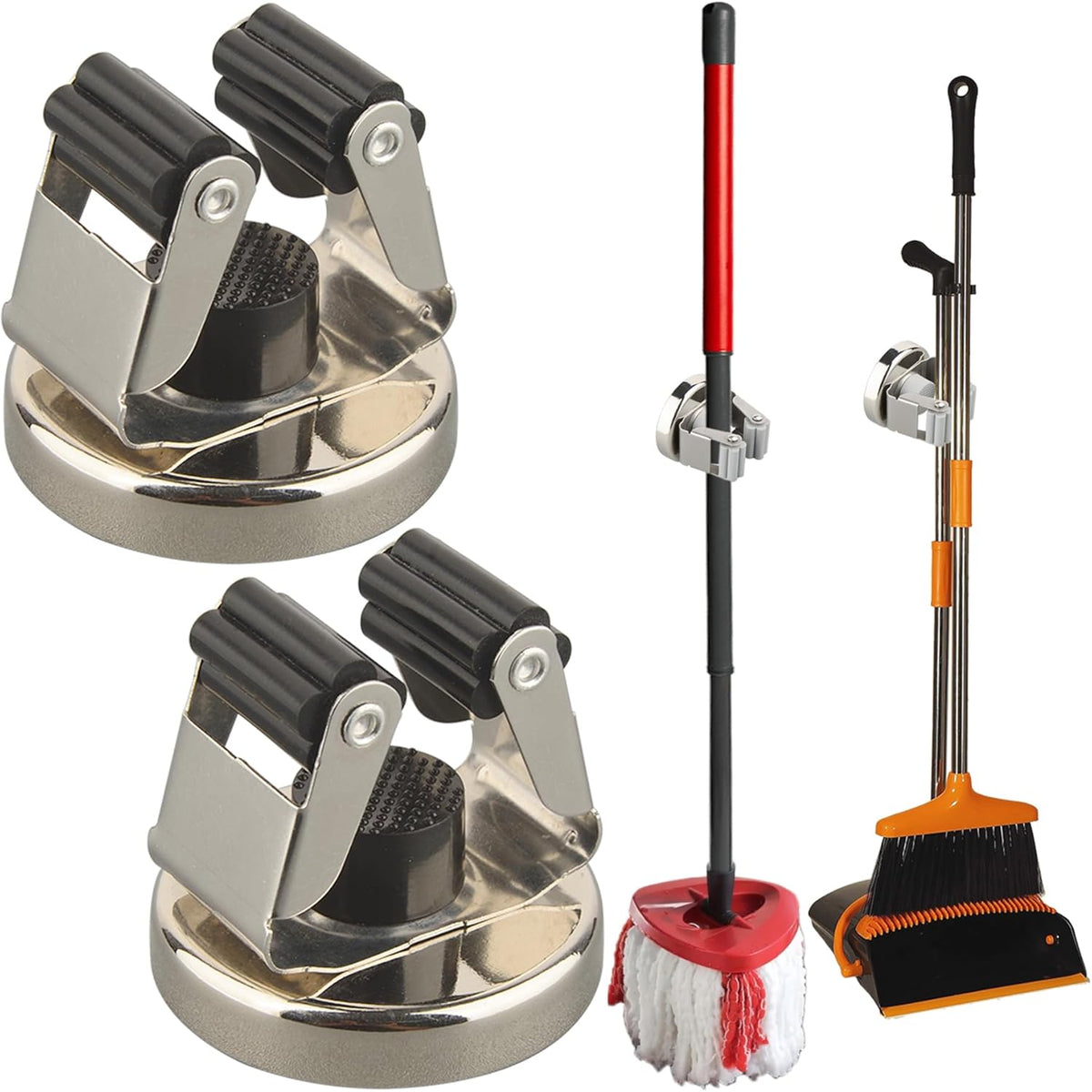 MUTUACTOR Magnetic Broom Holder,Anti-broken Broom and Mop Tool Holder,2PCS Adjustable Magnet Holder Broom Mop Clip with 360 Swivel Rack for Hanging in Metal Door Refrigerators Washer Machine