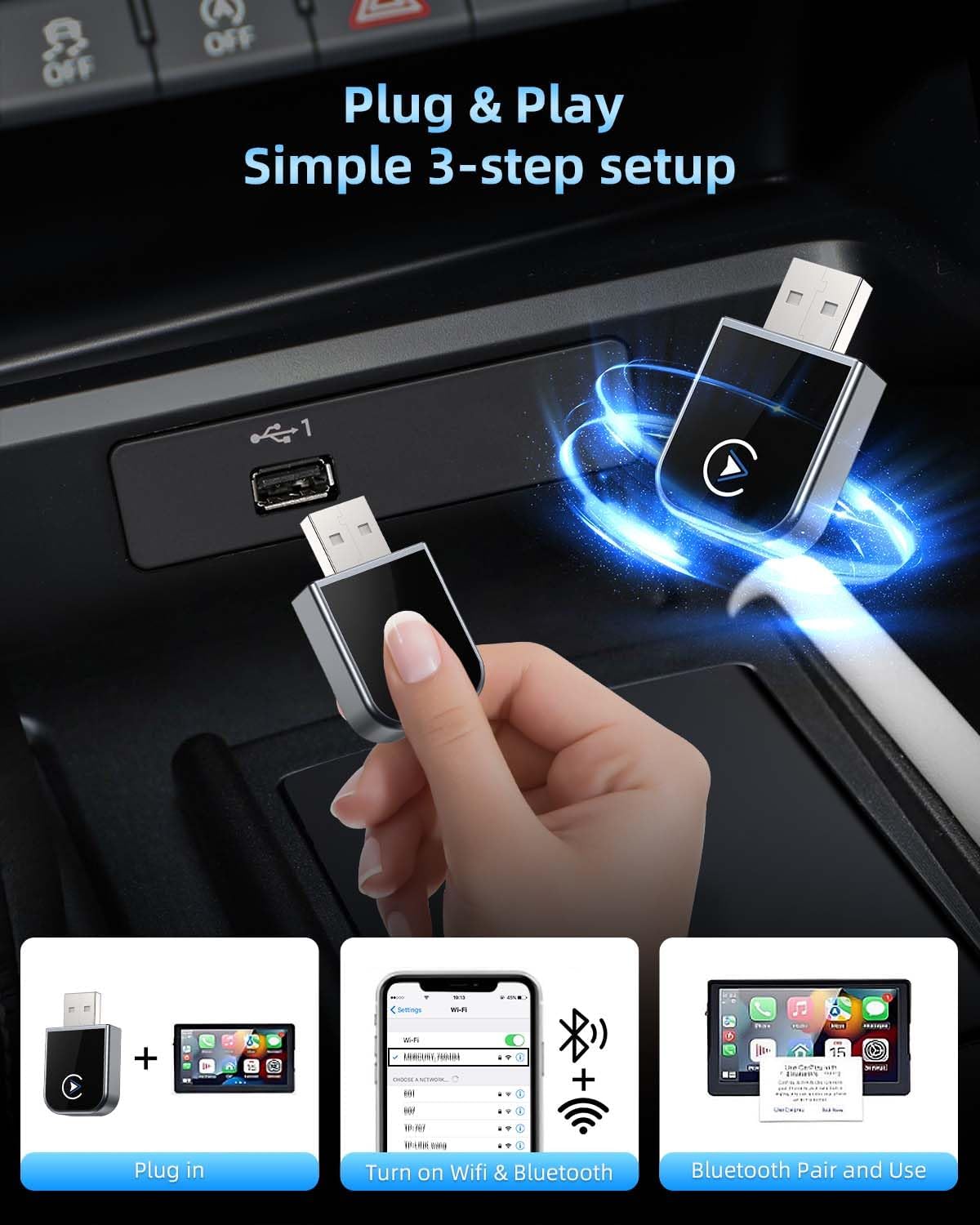 Mini Wireless Carplay Adapter for iPhone - Car Play Wireless Adapter,Plug and Play,Easy Setup Automatic Reconnect,for iPhone iOS and for Cars from 2016