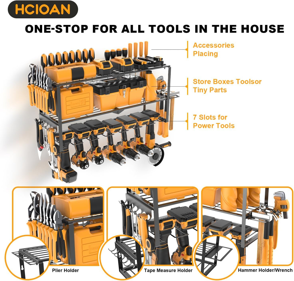 Large Power Tool Organizer Wall Mount, Power Tool Shelf System Battery Storage with 8 Cordless Drill Holder，3 Layers Heavy Duty Metal Loads 450lbs，Utility Racks for Garage Workshop
