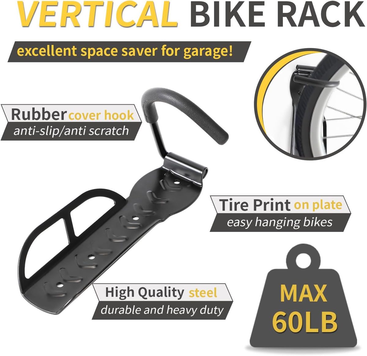 Vertical Bike Rack Wall Mount for Garage–Heavy-Duty Steel Bicycle Hook for Indoor Storage, Space-Saving Holder for Road, Mountain & Hybrid Bikes, Fits Tires Up to 2.6" Wide (2 Pack)