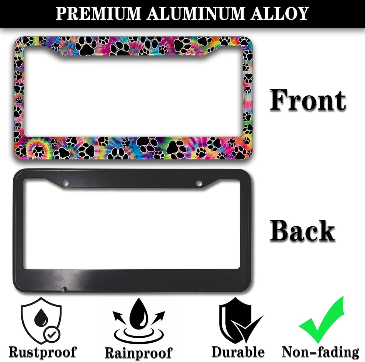 License Plate Cover for Men Multicolor License Plate Frames for Women Tie Dye Paw Print Aluminum Metal Car Accessory 2 Pack with Screw Covers Set