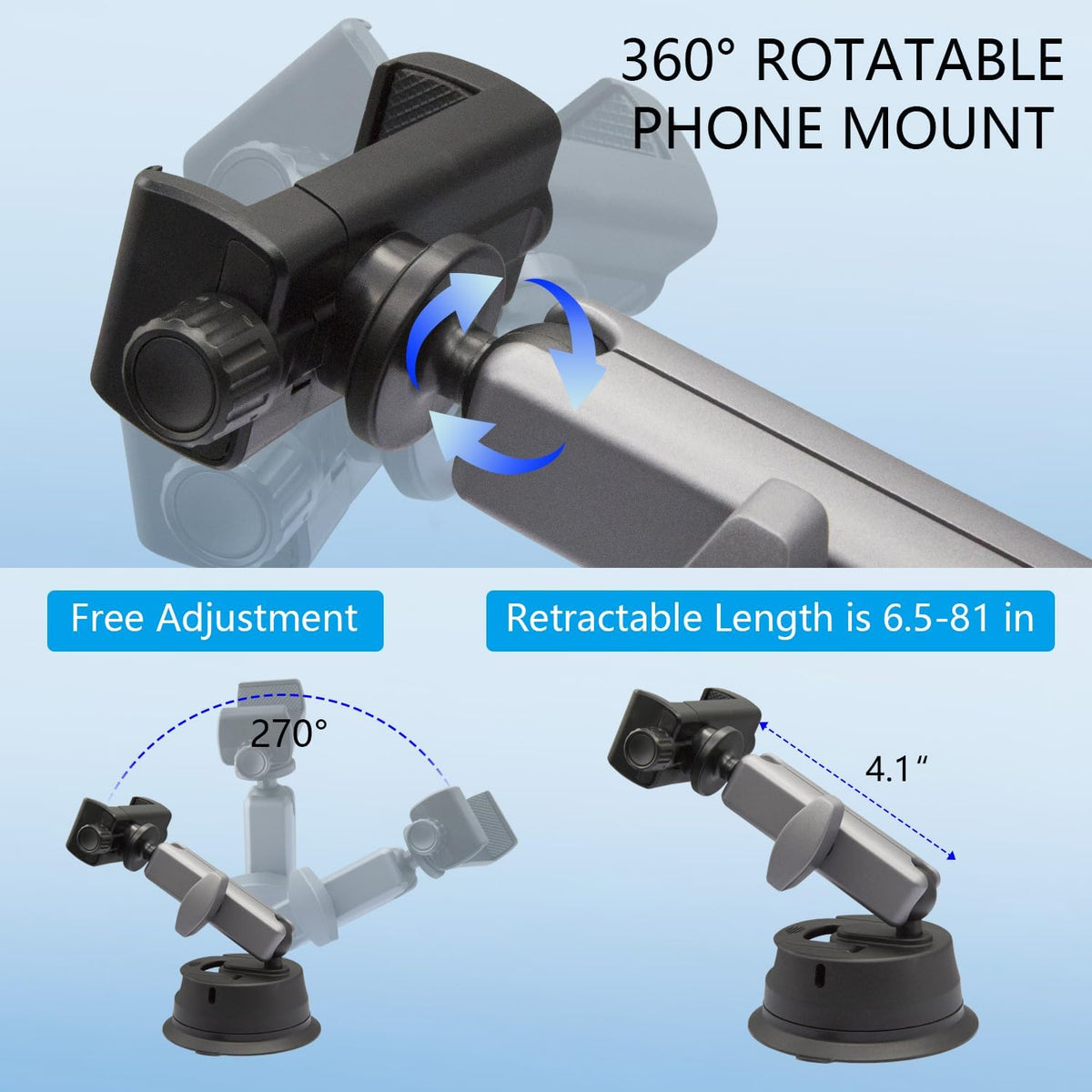 Suptig Universal Car Mount, Suction Cup Mount for Smartphones, GoPro, Action Cameras, DSLR, Windshield, Dashboard, Black