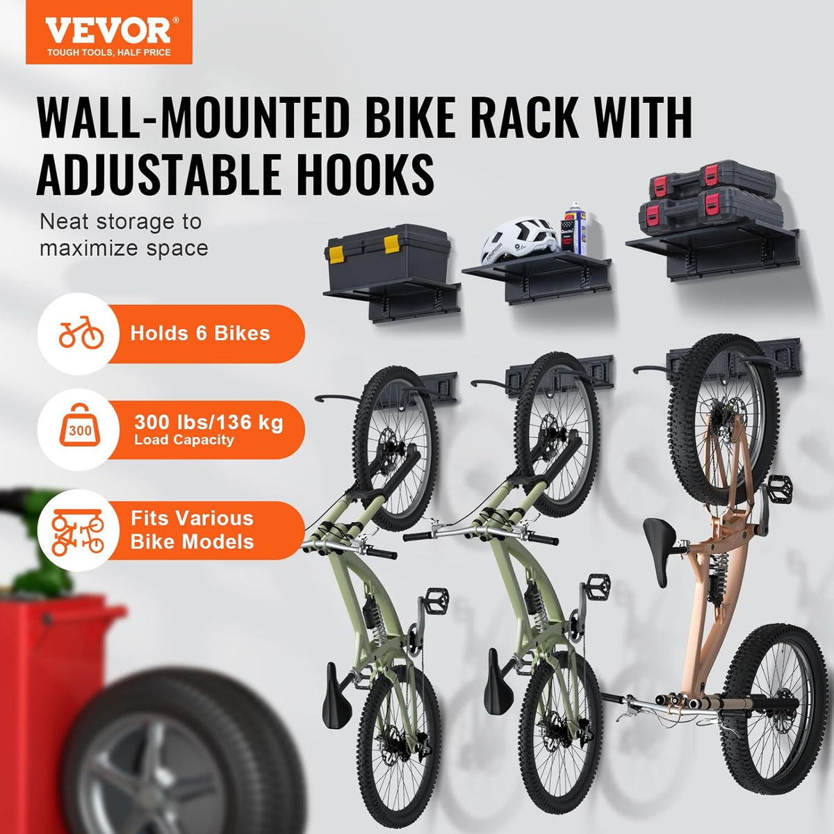 VEVOR Bike Storage Rack, 6 Bike Racks and 3 Helmets Hooks, Wall Mount Bike Storage Hanger with 3 Shelves, Home & Garage Organizer, Customizable for Various Bike Sizes, Holds Up to 300 lbs, 48-inch