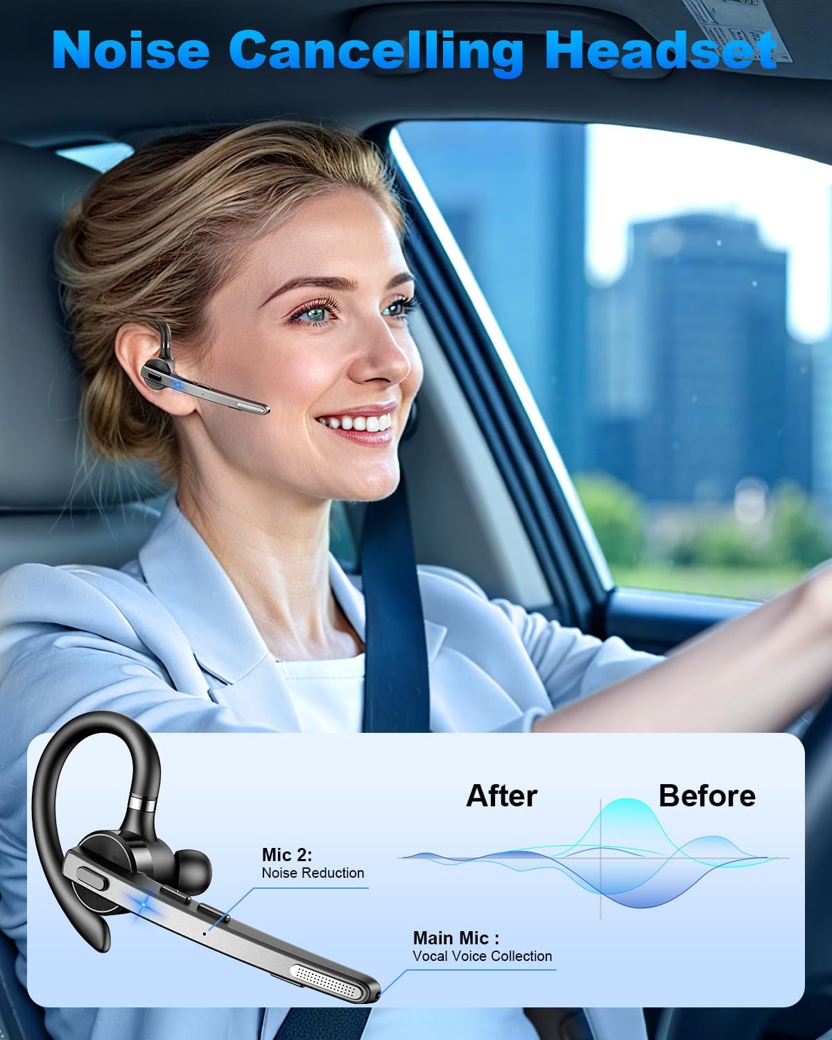 FEYCH Bluetooth Headset, Bluetooth Earpiece with 500mAh Charging Case 72H Talktime ENC Noise Cancelling Microphone V5.1 Hands-Free Wireless Headset for Cell Phone Call Office Business Driving