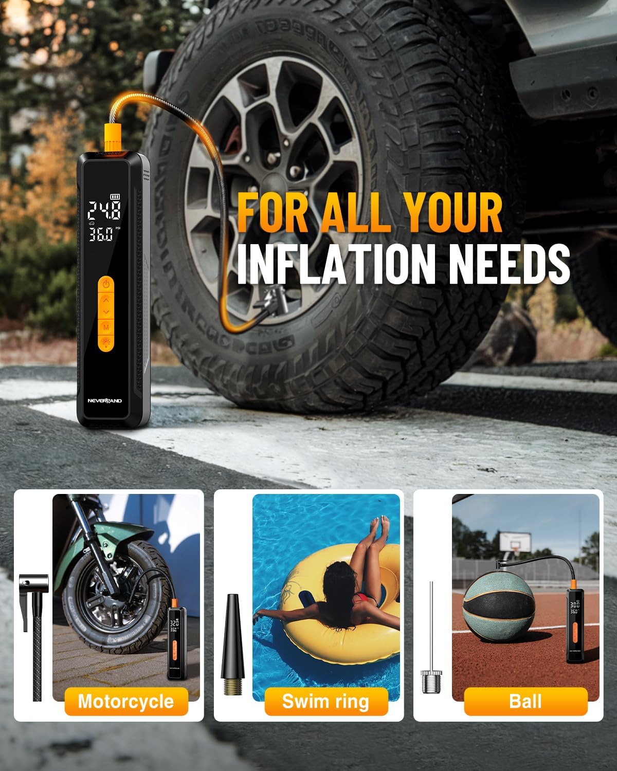 NEVERLAND Tire Inflator Portable Air Compressor - 20000mAh 150PSI Car Tire Air Pump Portable, 12V DC Auto Tire Inflator with Gauge, Electric Air Compressor for Car, Bike, Motocycle, Ball(2025 Version)