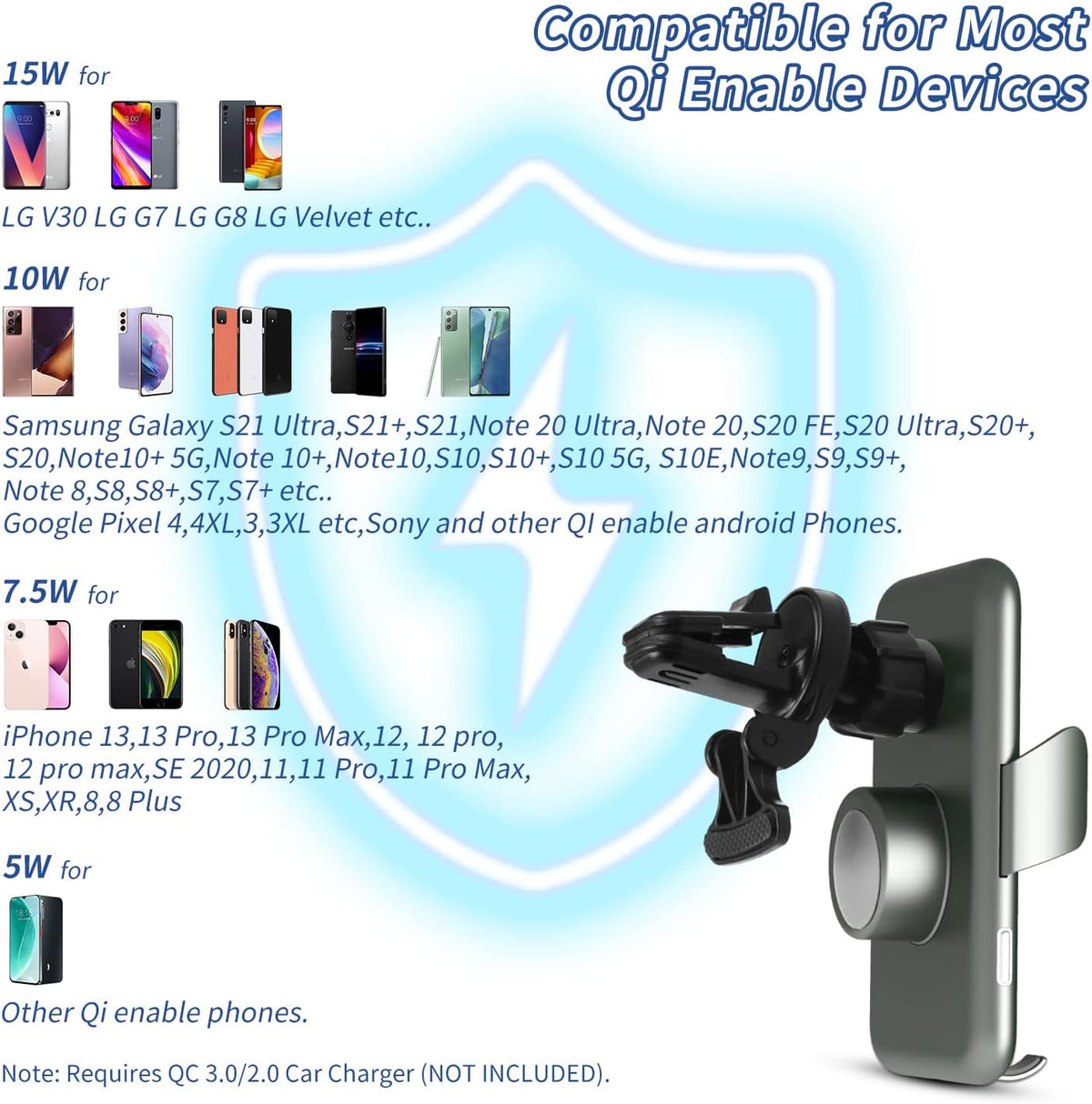 15W Fast Car Mount Charger, Charging Wireless Car Charger Phone Mount Phone Stand, Car Charger for iPhone 15 14 13 12 11 Pro Max, Samsung etc Windshield Dashboard Air Vent Auto Clamping Phone Holder