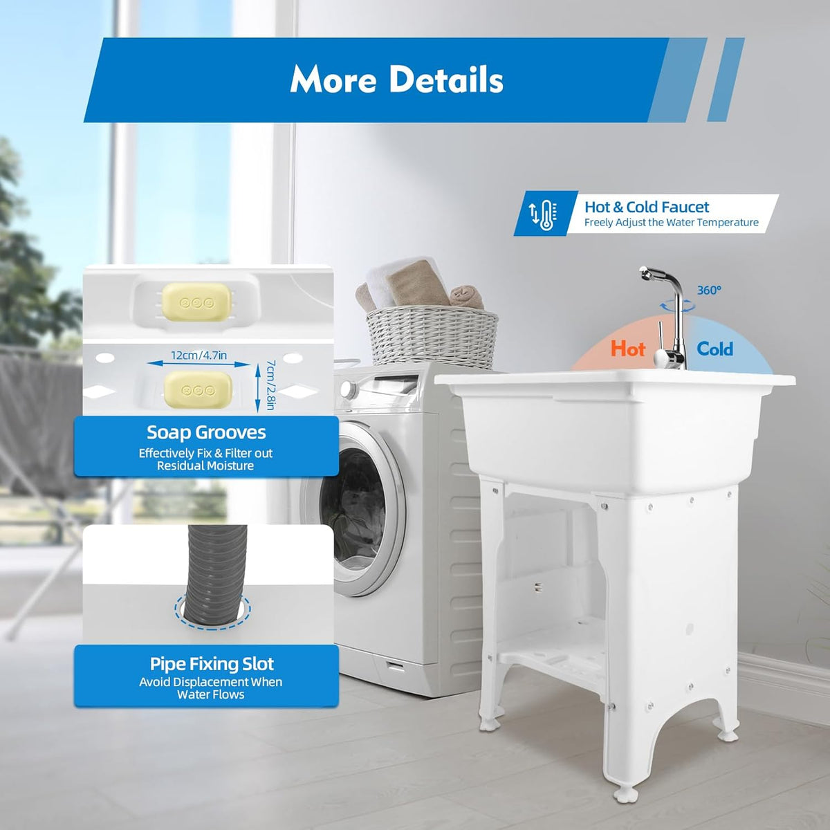Freestanding Utility Sink Plastic Laundry Sink Spacious Laundry Tub Sink with Storage Shelf Indoor Outdoor Slop Sink Wash Station for Bathroom Laundry Washing Room (White, 25.6*21.65*31.5in)