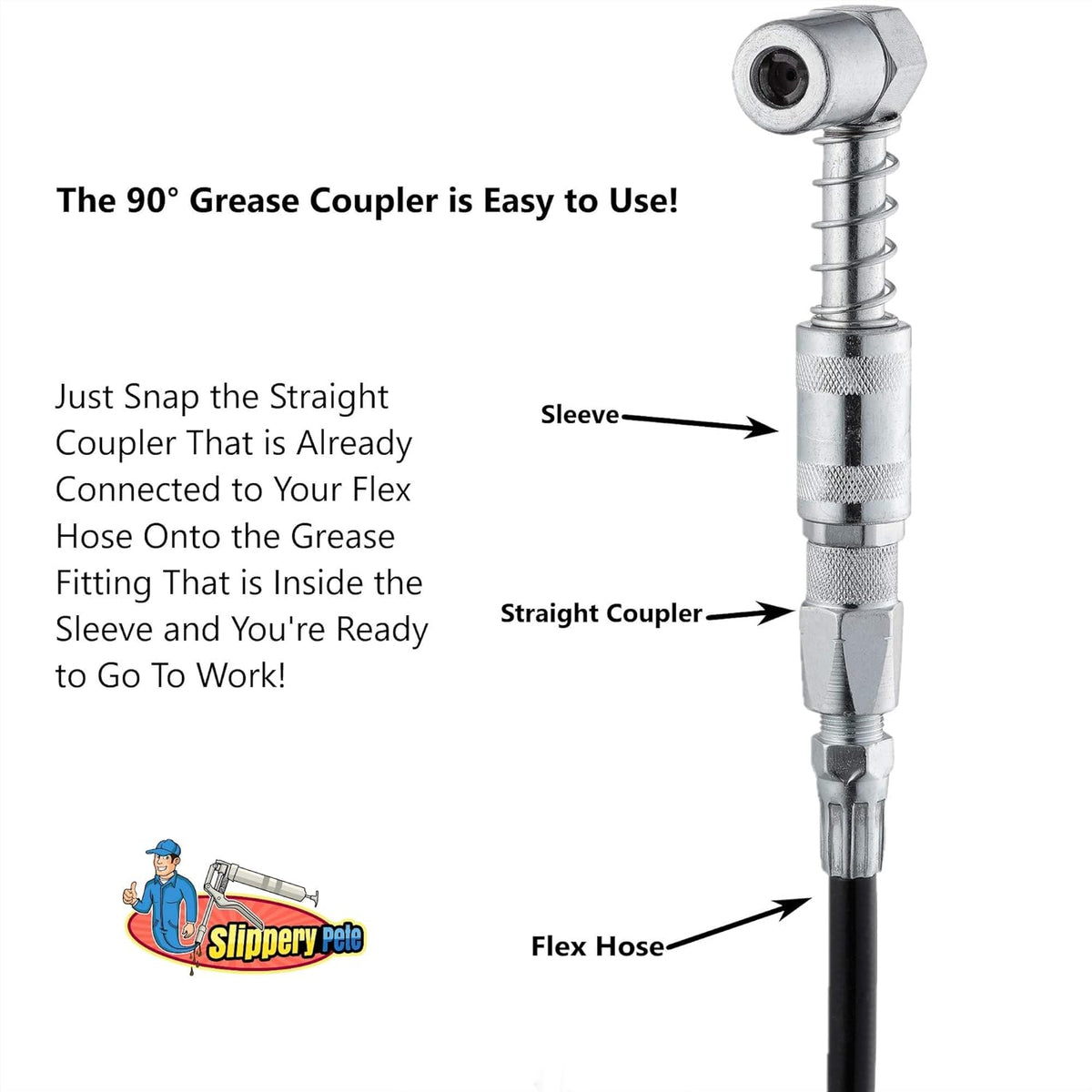 Slippery Pete 90 Degree Grease Coupler Snaps on to Grease Fittings in Tight Spaces