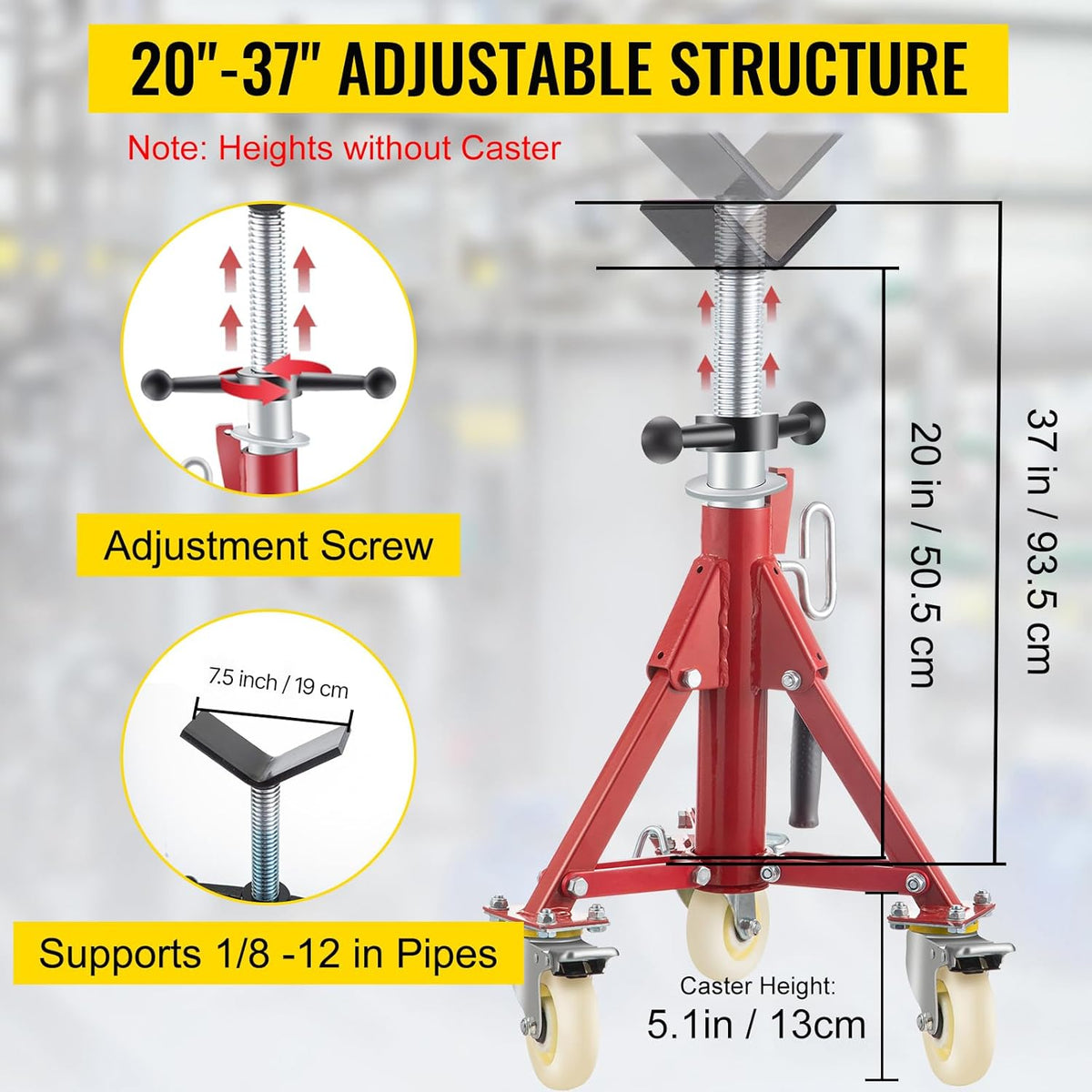 VEVOR Pipe Stand, Pipe Jack Stand, V Head Pipe Stand Adjustable Height 20-37 Inch, Pipe Jack Stands with Casters 882 LB, Folding Portable Pipe Stands 1/8 to 12 Inch Pipe Supporting, Steel Jack Stand