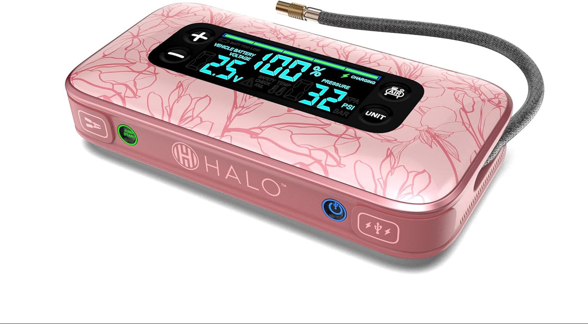 HALO Bolt Ultimate 3 Portable Car Battery Jump Starter | 130 PSI Air Compressor, 55.5Wh USB Power Bank, Large Display, Emergency Floodlight & Charger, Jumps Cars SUVs & Trucks, Inflates Tires — Rose
