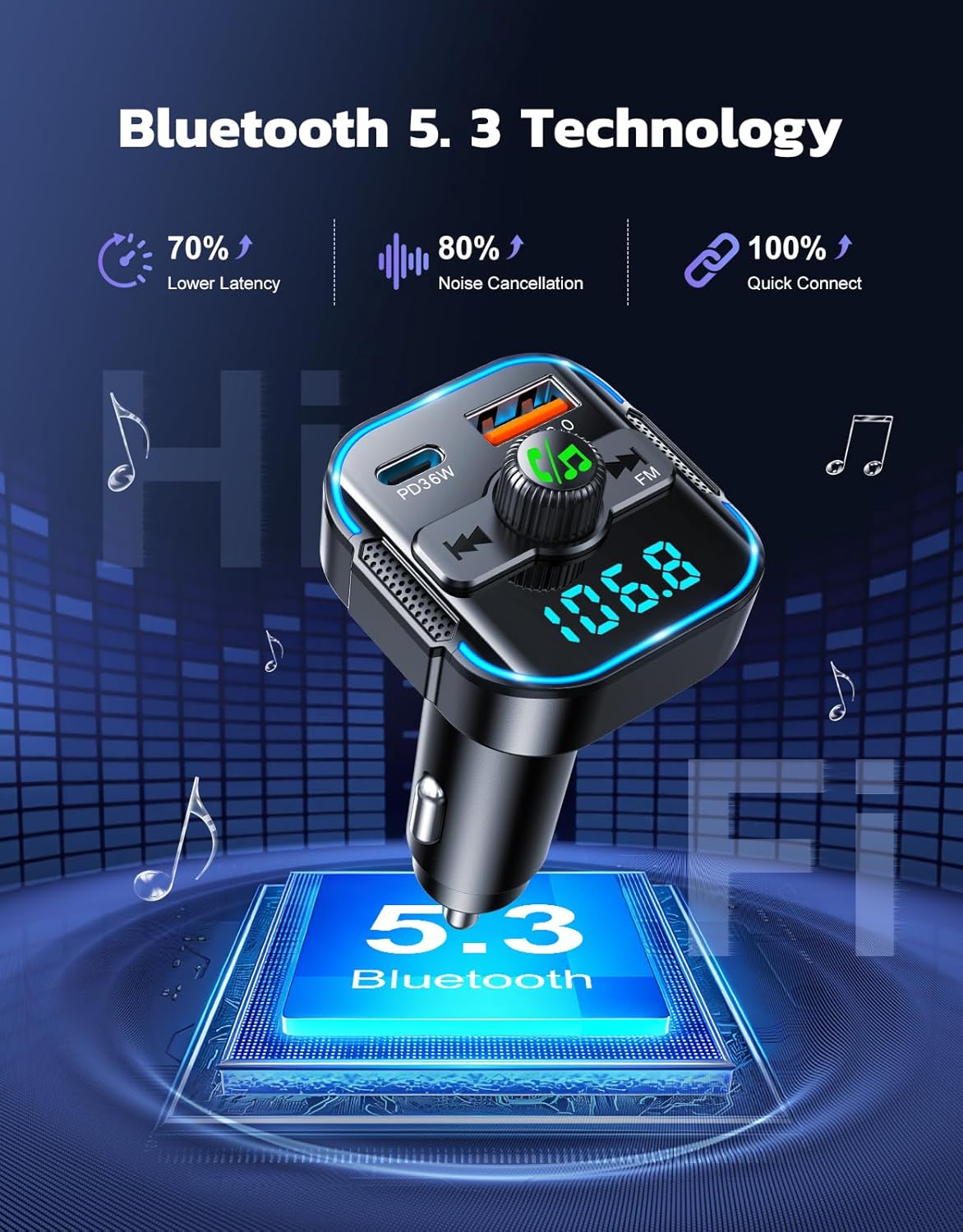Bluetooth 5.3 Car Adapter【PD 36W+QC3.0 18W】, 2-in-1 FM Bluetooth Transmitter 【Dual Stronger Mics】& Fast Car Charger, Wireless FM Radio Adapter Hands-Free Calling, Siri Assistant, Black