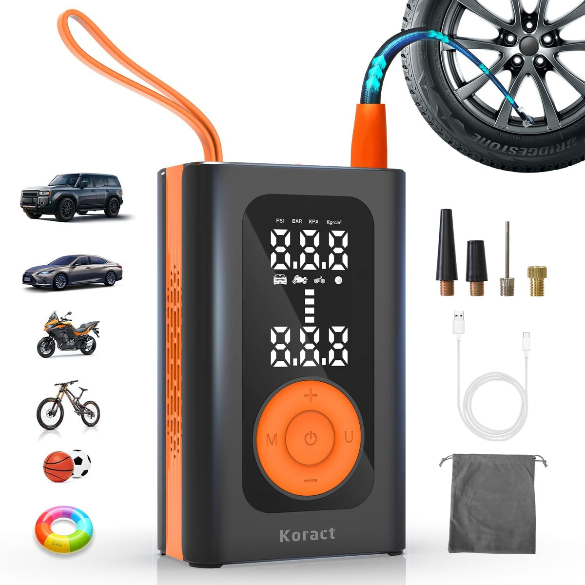 Tire Inflator Portable Air Compressor for Car Tires - 150PSI Cordless Air Pump with Pressure Gauge, LED Light & Auto Shutoff - Fast Pump for Motorcycle, Bike, Balls, Sports Equipment