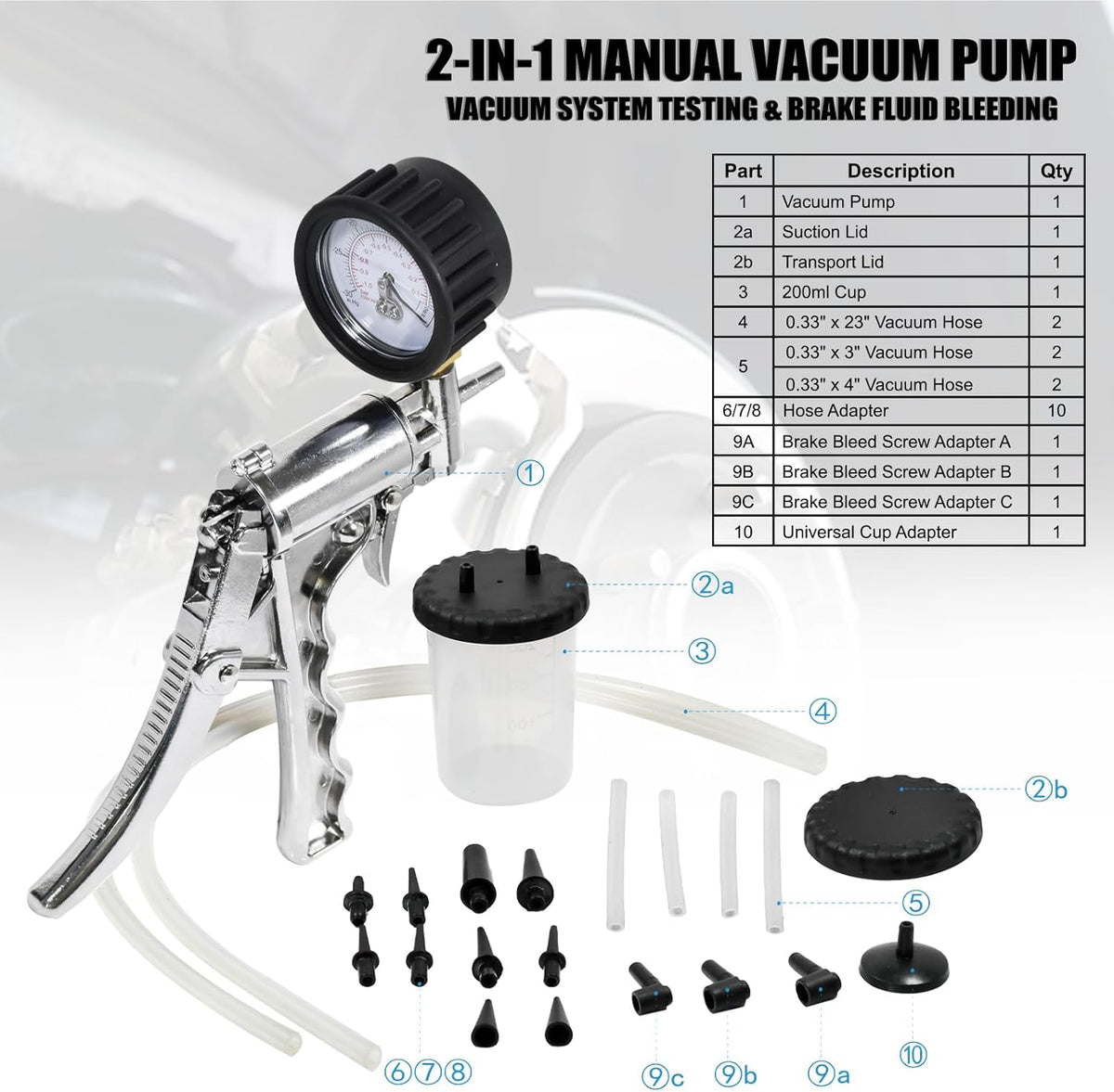 Hand Vacuum Pump Brake Bleeder Kit - Zinc-diecast Metal, Single Person Design for Brake & Clutch Bleeding, Automotive Tuning & Testing