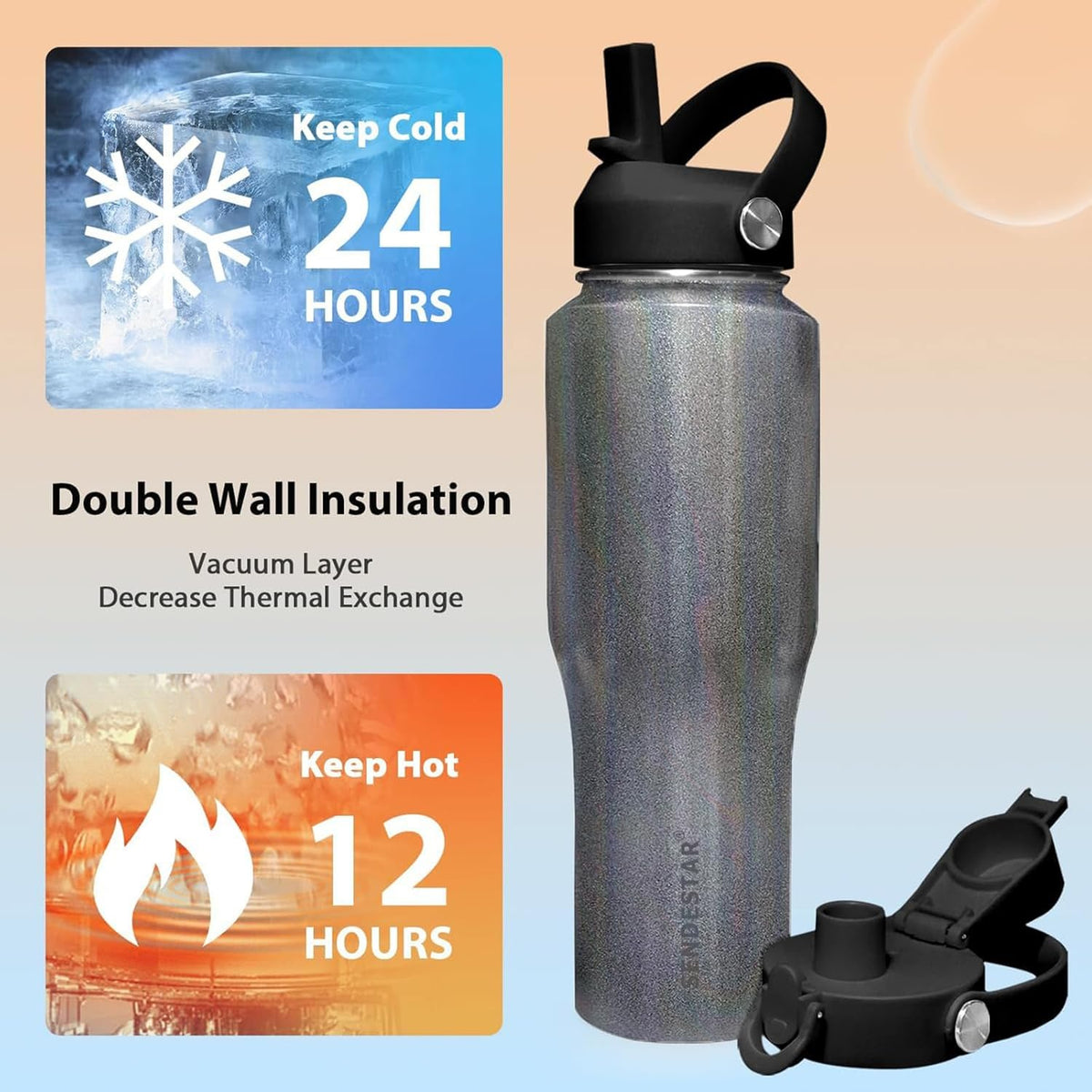 SENDESTAR 32oz Stainless Steel Water Bottle(Cold for 48 Hrs, Hot for 24 Hrs),Double Wall Vacuum Insulated Bottle with Straw Lid, Spout Lid and Flex Cap, Fit in Any Car Cup Holder TXIN-32-Laser Grey