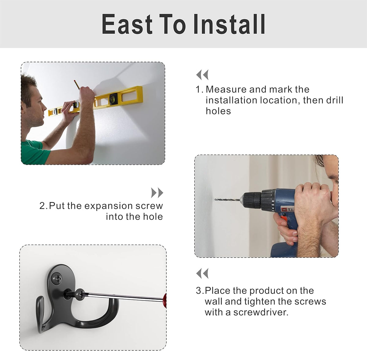 12 Heavy Duty Double Prong Coat Hooks | Wall Hooks with 24 Screws for Kitchen, Grocery Room, Bedroom